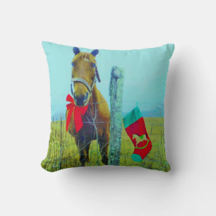 Retro Christmas Horse with Stocking and Red bow Cushion