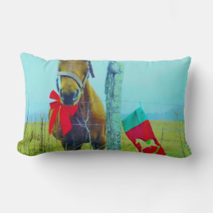 Retro Christmas Horse with Stocking and Red bow Lumbar Cushion