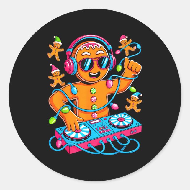 Retro Christmas House Music Gingerbread Dj Techno  Classic Round Sticker (Front)