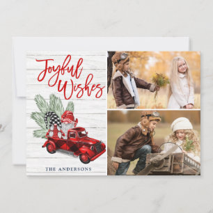 Retro Christmas Joyful Wishes Red Truck 2 PHOTO Holiday Card