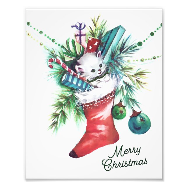 Retro Christmas Kitten in a Red Stocking Wall Art (Front)