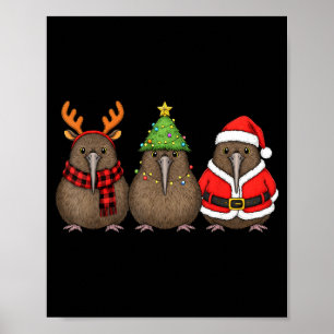 Retro Christmas Kiwi Bird Santa Reindeer  Poster