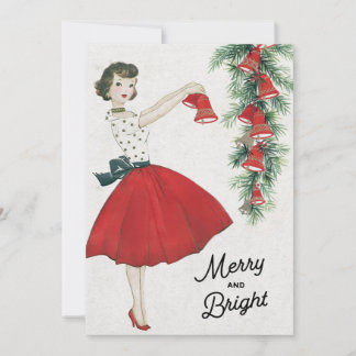 Retro Christmas Lady Hanging Bells Holiday Card