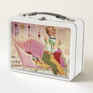 Retro Christmas Lady Wrapping Gifts Metal Lunch Box