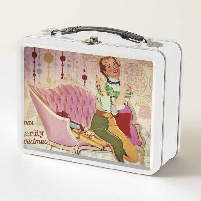 Retro Christmas Lady Wrapping Gifts Metal Lunch Box (Front)