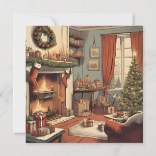 Retro Christmas Living Room with Christmas Tree Holiday Card