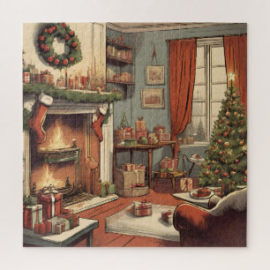 Retro Christmas Living Room with Christmas Tree Jigsaw Puzzle