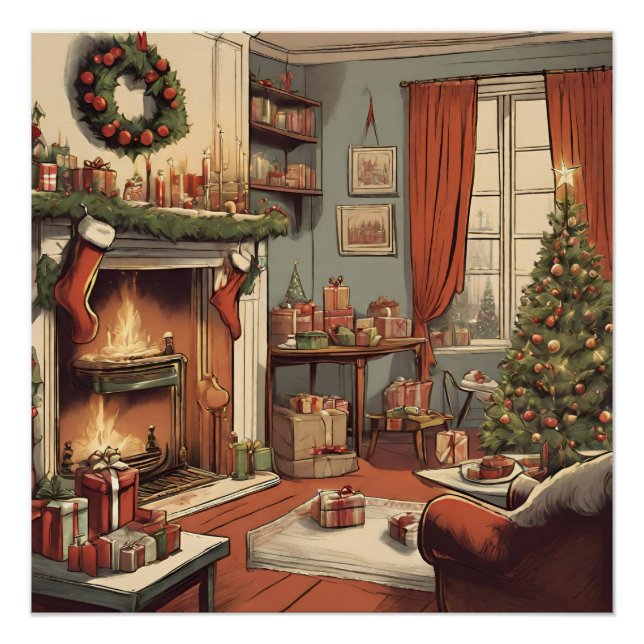 Retro Christmas Living Room with Christmas Tree Poster (Front)