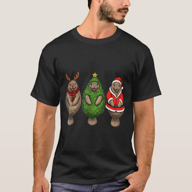 Retro Christmas Manatee Santa Reindeer  T-Shirt (Front)