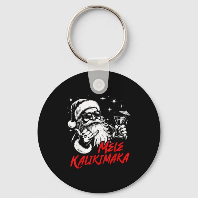 Retro Christmas Mele Kalikimaka Santa Shaka Hawaii Key Ring (Front)