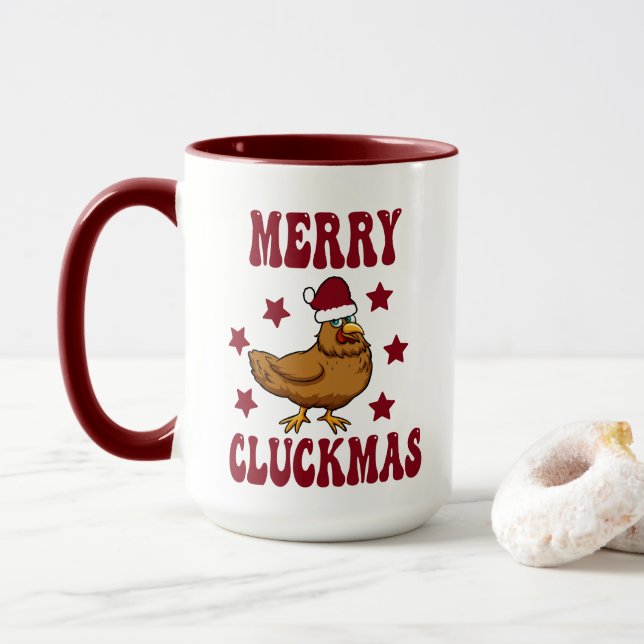 Retro Christmas Merry Cluckmas Funny Chicken  Mug (With Donut)