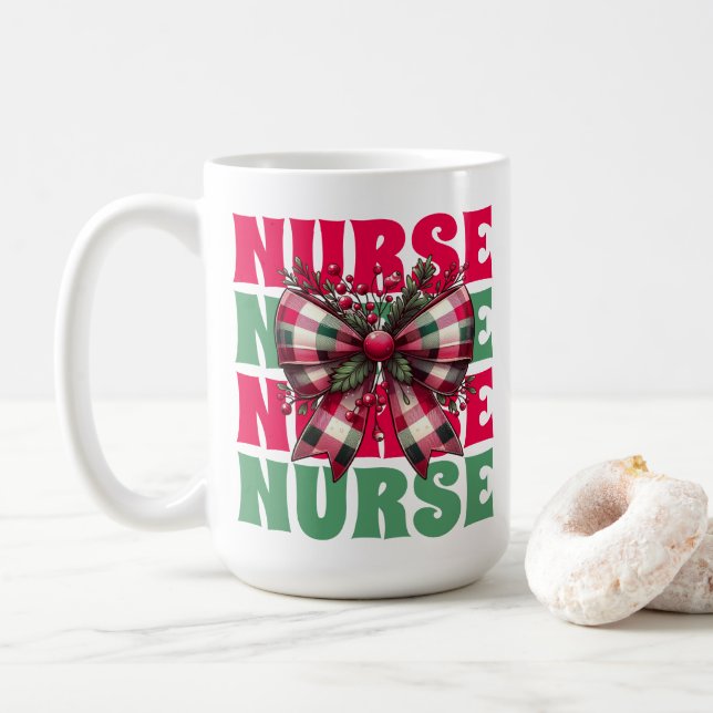 Retro Christmas Nurse Coquette Bow  Coffee Mug (With Donut)