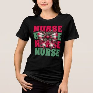 Retro Christmas Nurse Coquette Bow Tri-Blend Shirt