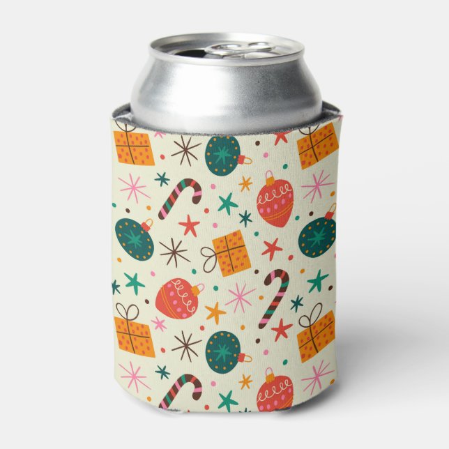 Retro Christmas Ornament and Gift Pattern Can Cooler (Can Front)