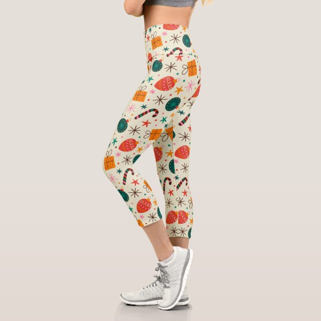 Retro Christmas Ornament and Gift Pattern Capri Leggings (Left)