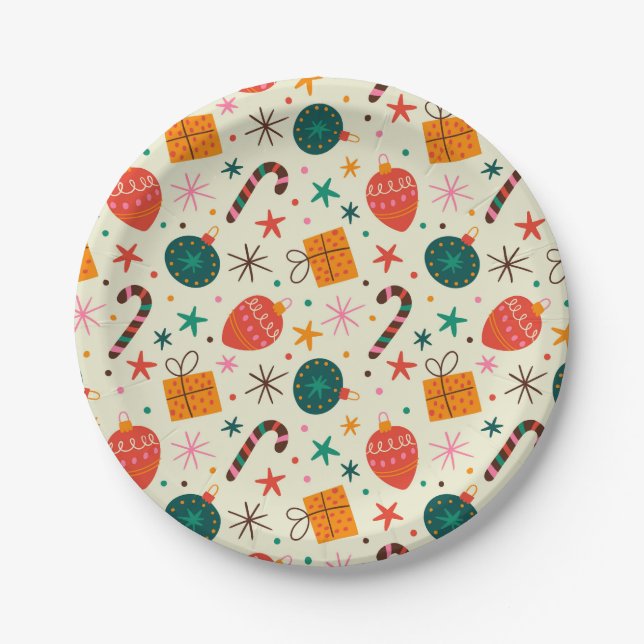 Retro Christmas Ornament and Gift Pattern Paper Plate (Front)