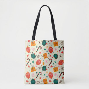 Retro Christmas Ornament and Gift Pattern Tote Bag