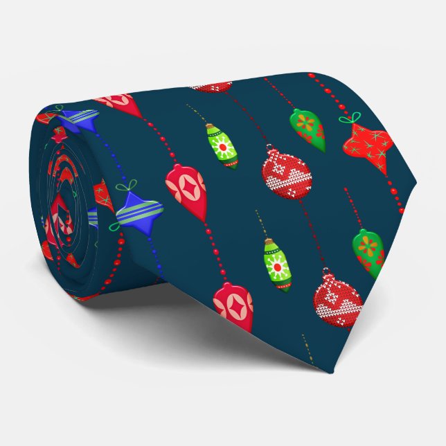 Retro Christmas Ornament Pattern on Navy Blue Mens Tie (Rolled)