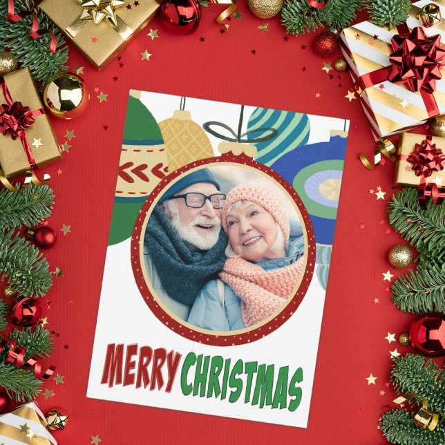 Retro Christmas Ornament Photo Template Flat Card (Creator Uploaded)