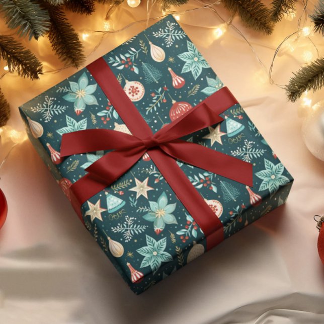 Retro Christmas Ornaments And Flowers Pattern Wrapping Paper (Creator Uploaded)