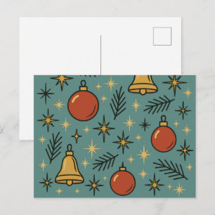 Retro Christmas Ornaments Bells and Stars Pattern Holiday Postcard