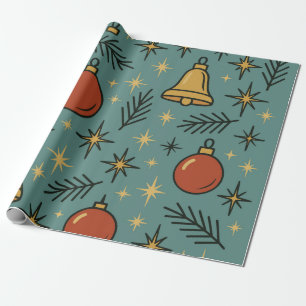 Retro Christmas Ornaments Bells and Stars Pattern Wrapping Paper