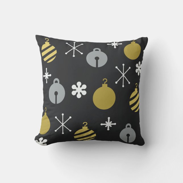 Retro Christmas Ornaments Black Gold Cushion (Front)