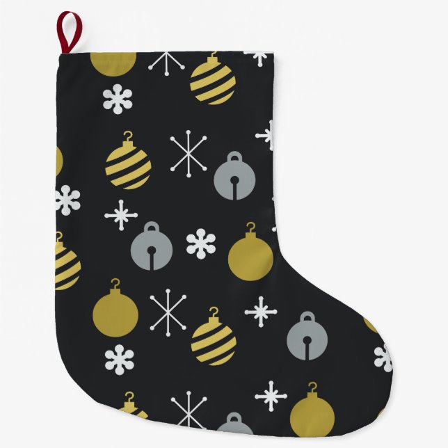 Retro Christmas Ornaments Black Gold Large Christmas Stocking (Front)