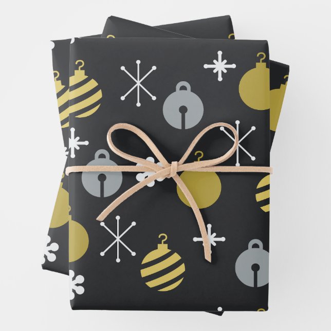 Retro Christmas Ornaments Black Gold Wrapping Paper Sheet (In situ)