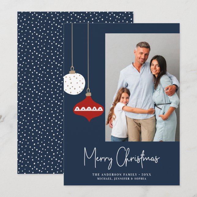 Retro Christmas Ornaments Blue Photo Holiday Card (Front/Back)