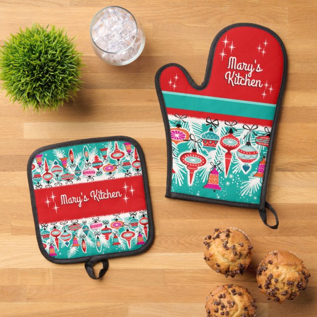 Retro Christmas Ornaments - Customizable  Oven Mitt & Pot Holder Set (Top Down)