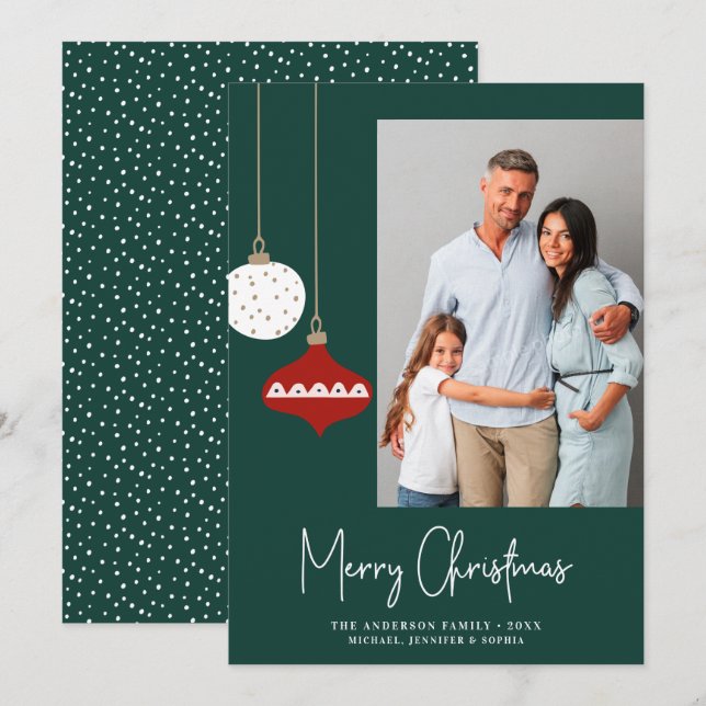 Retro Christmas Ornaments Green Photo Holiday Card (Front/Back)
