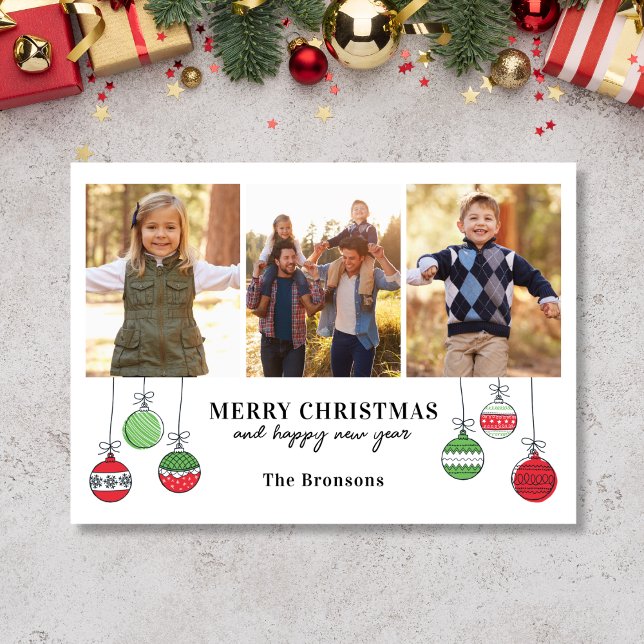 Retro Christmas Ornaments Holiday Card (3 photo Christmas Card with ornament doodles)