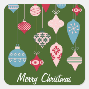 Retro Christmas Ornaments Merry Christmas Dk Green Square Sticker