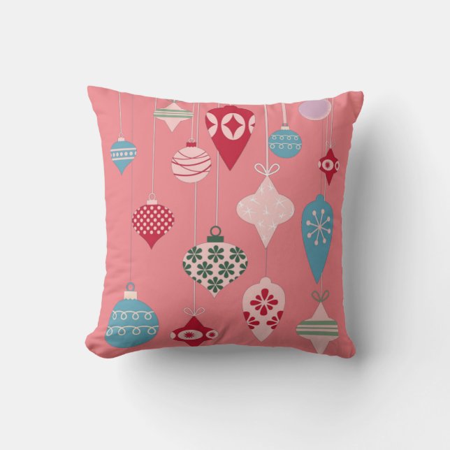 Retro Christmas Ornaments on Pink Cushion (Front)
