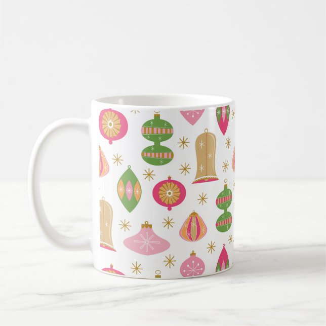 Retro Christmas Ornaments Pattern -Pink Green Gold Coffee Mug (Left)