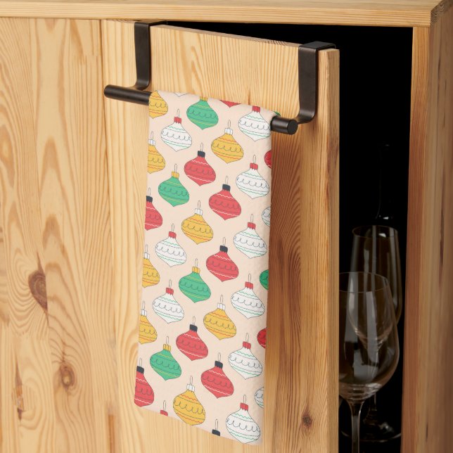 Retro Christmas Ornaments Pattern Tea Towel (Thirds Fold)