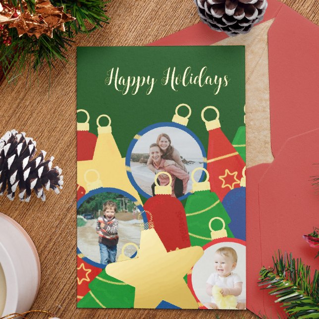Retro Christmas ornaments Photo Foil Holiday Card (Retro Christmas ornaments custom card with your photos. Personalize it with your text and images.)
