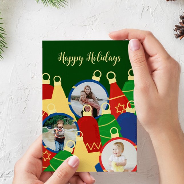 Retro Christmas ornaments Photo Holiday Card (Retro custom christmas card with ornaments and your photos)