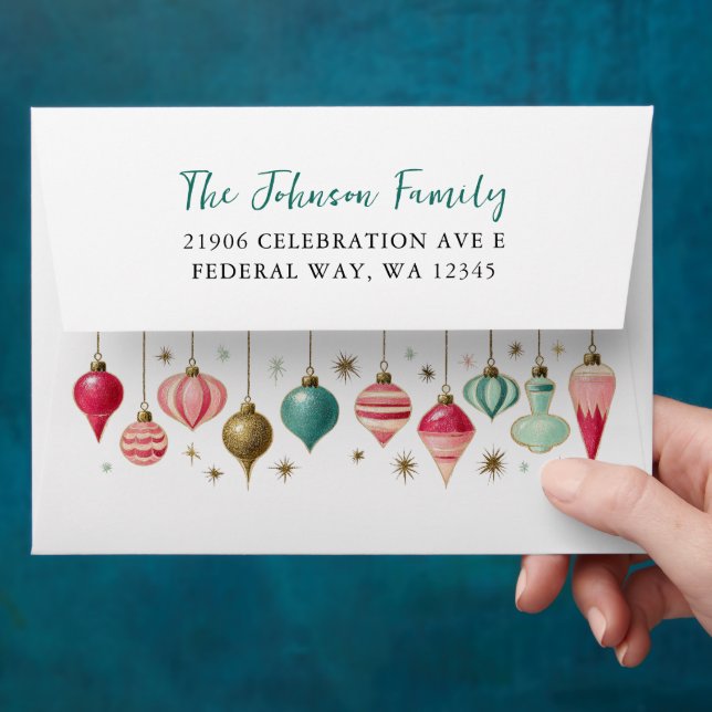 Retro Christmas Ornaments Return Address Envelope (Hand)