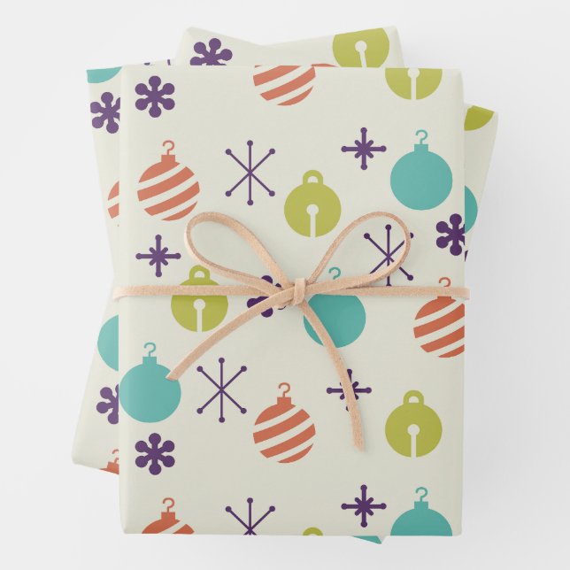 Retro Christmas Ornaments Snowflakes Wrapping Paper Sheet (In situ)