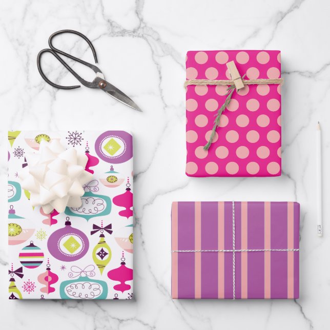 Retro Christmas Ornaments Wrapping Paper Set (Front)