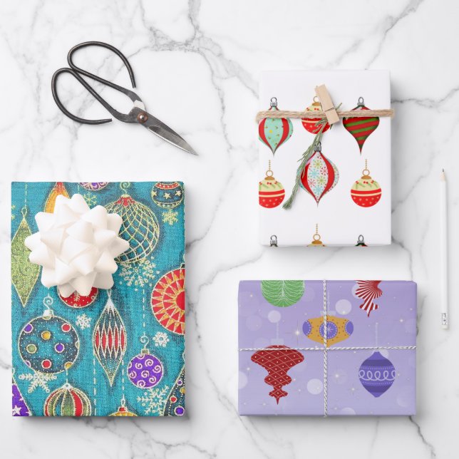 Retro Christmas Ornaments Wrapping Paper Sheets  (Front)