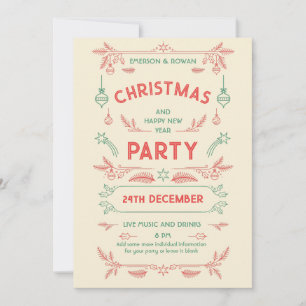 Retro Christmas Party Red & Green with Ornaments Invitation