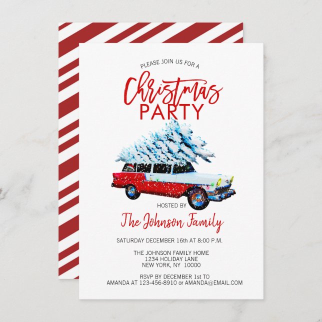 Retro Christmas Party Station Wagon Tree Red White Invitation (Front/Back)