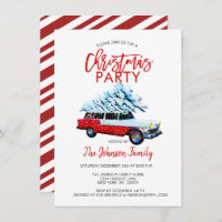 Retro Christmas Party Station Wagon Tree Red White