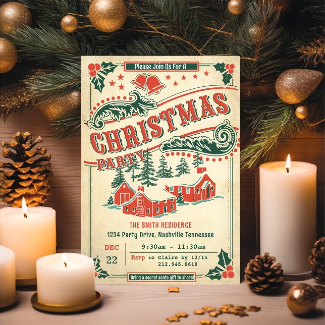 Retro Christmas Party Vintage Rustic Invitation (Creator Uploaded)