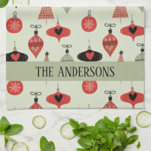 Retro Christmas Pattern Custom Family Name Green  Tea Towel