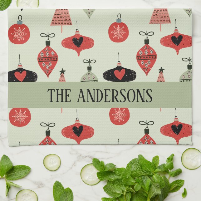 Retro Christmas Pattern Custom Family Name Green  Tea Towel (Folded)