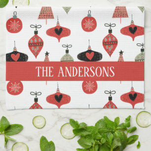Retro Christmas Pattern Custom Family Name Tea Towel